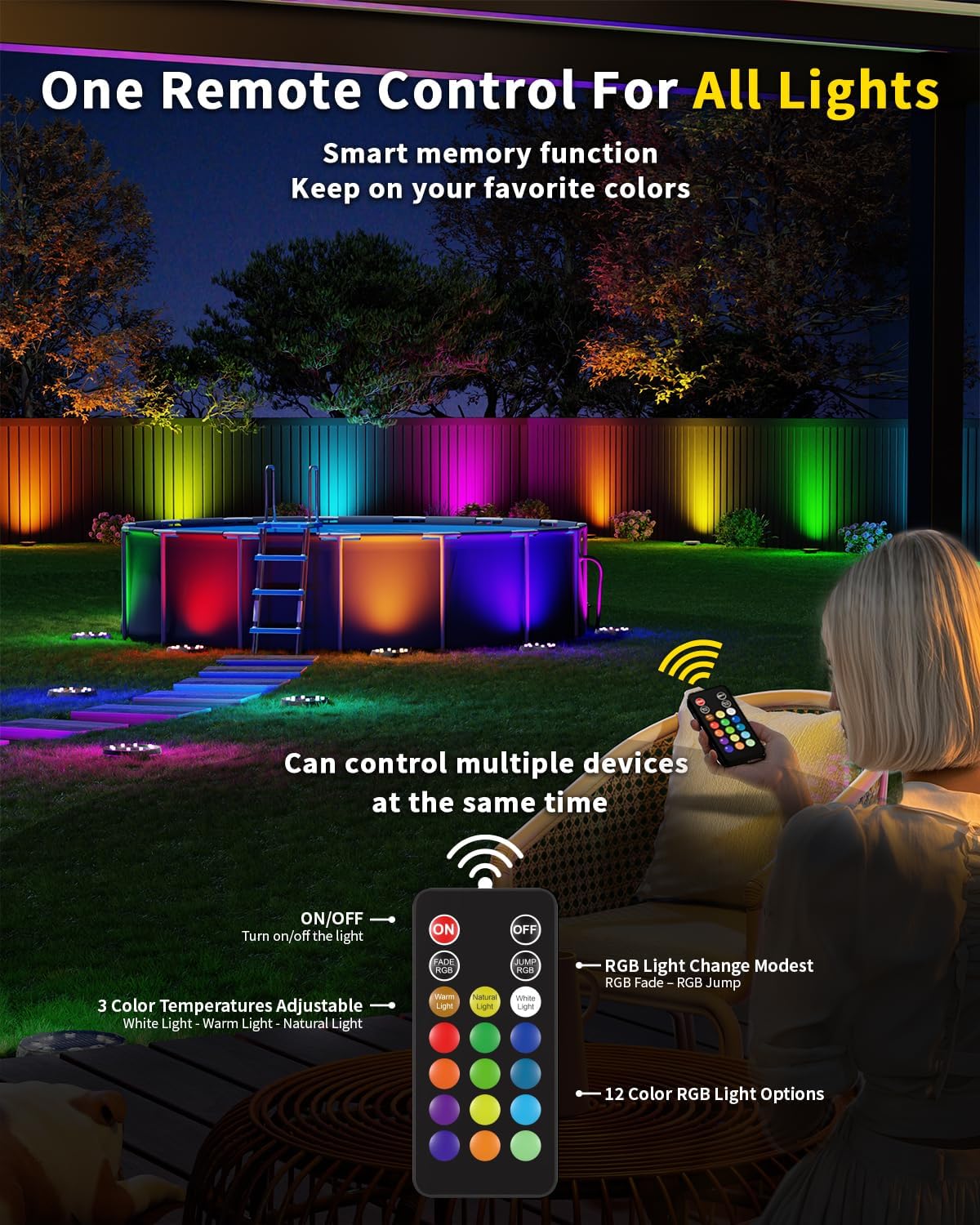 Solar Ground Lights with Remote Control 50ft,IP67 Waterproof Solar Garden 15 Multi Color Lights,RGBYW Solar Powered Outdoor Landscape Lighting for Pathway,Yard,Deck,Lawn,Patio,Walkway,Poolside,8 Pack