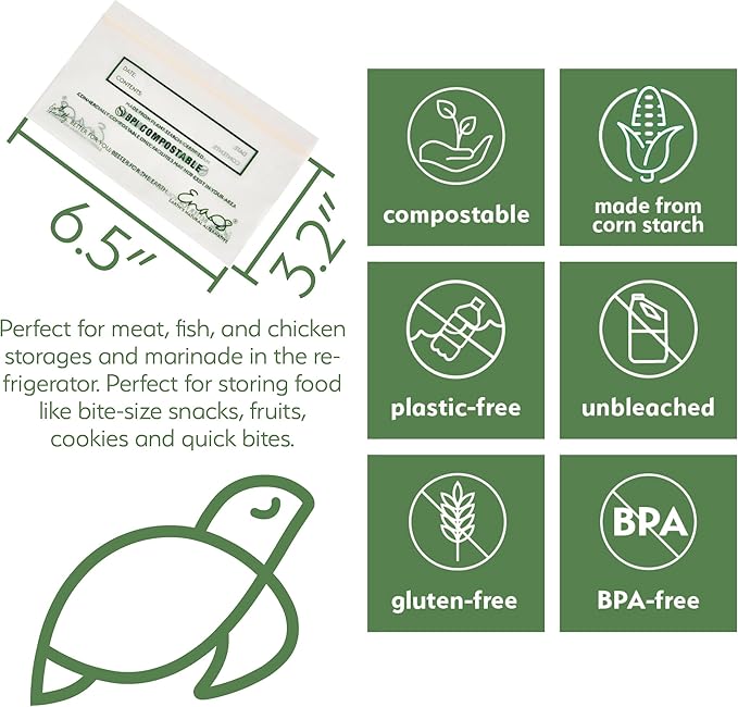 100% Compostable Food Storage Bags [Snack 150 Pack] Eco-Friendly Freezer Bags, Resealable Bags, Heavy-Duty, Reusable, Off-White by Earth's Natural Alternative