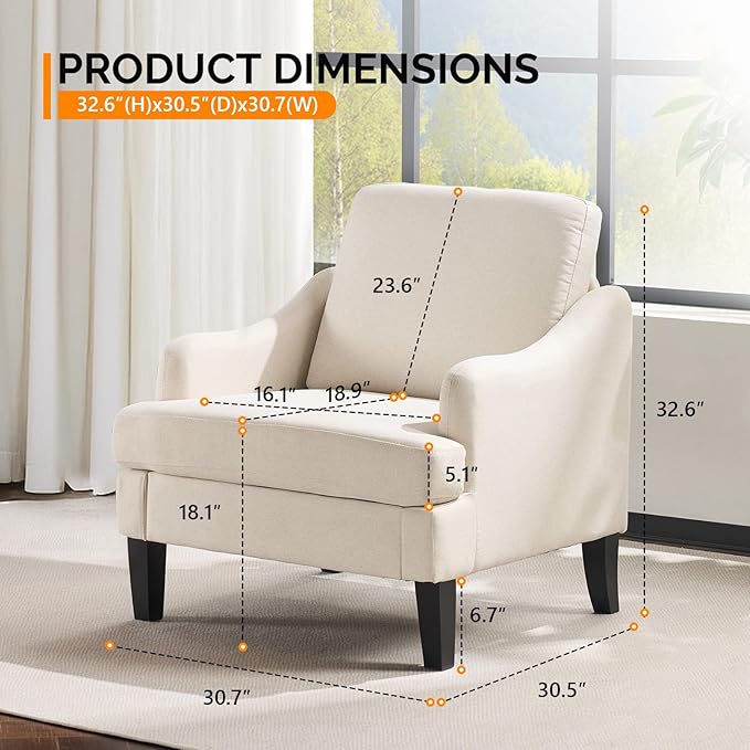 VINGLI Linen Fabric Accent Chair Beige, Modern Upholstered Armchair, Comfy Sofa Chair Living Room Bedroom Furniture for Apartment