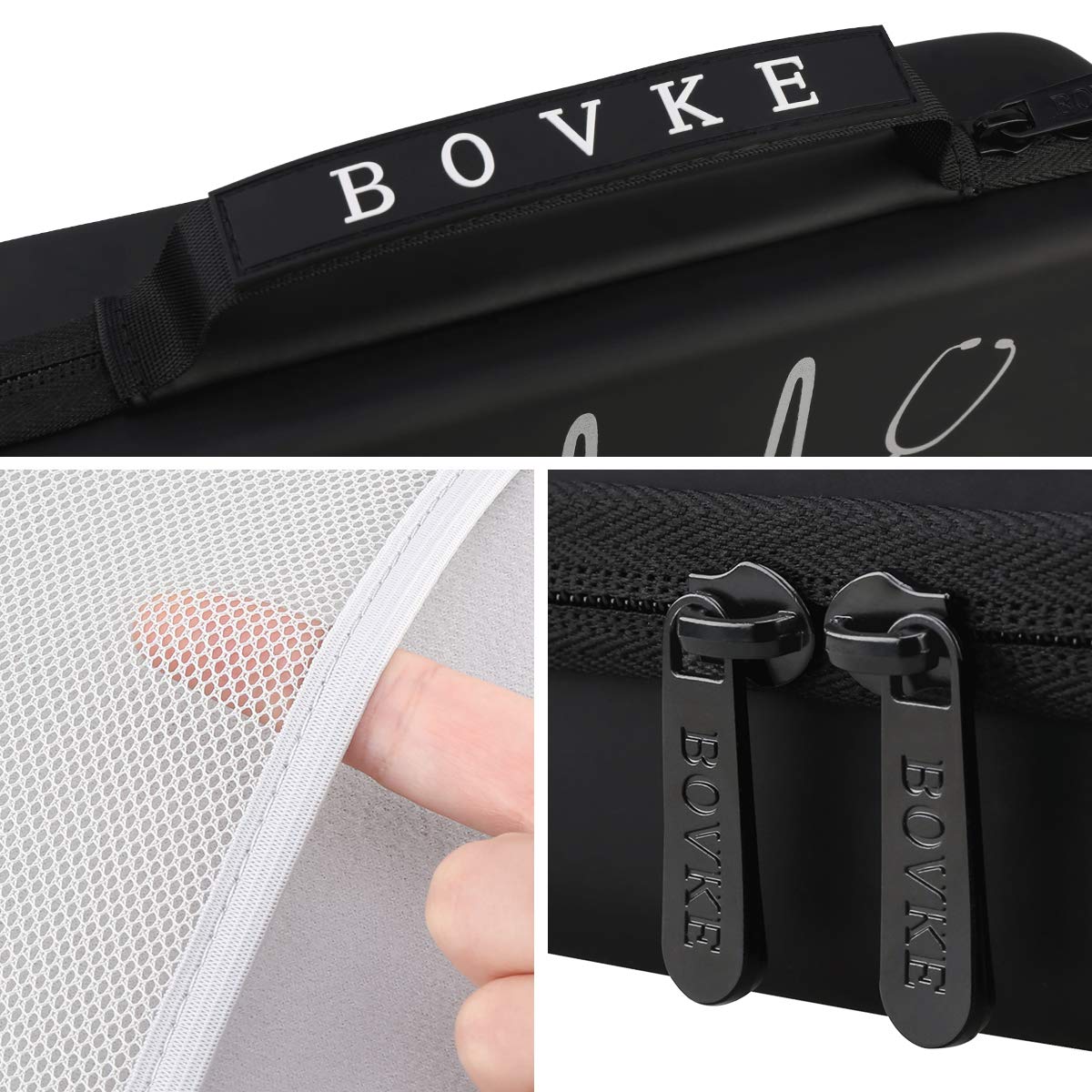 BOVKE Stethoscope Case for 3M Littmann Classic III, Lightweight II S.E, MDF Acoustica Deluxe Stethoscopes - Extra Room for Medical Bandage Scissors EMT Trauma Shear and LED Penlights, Black