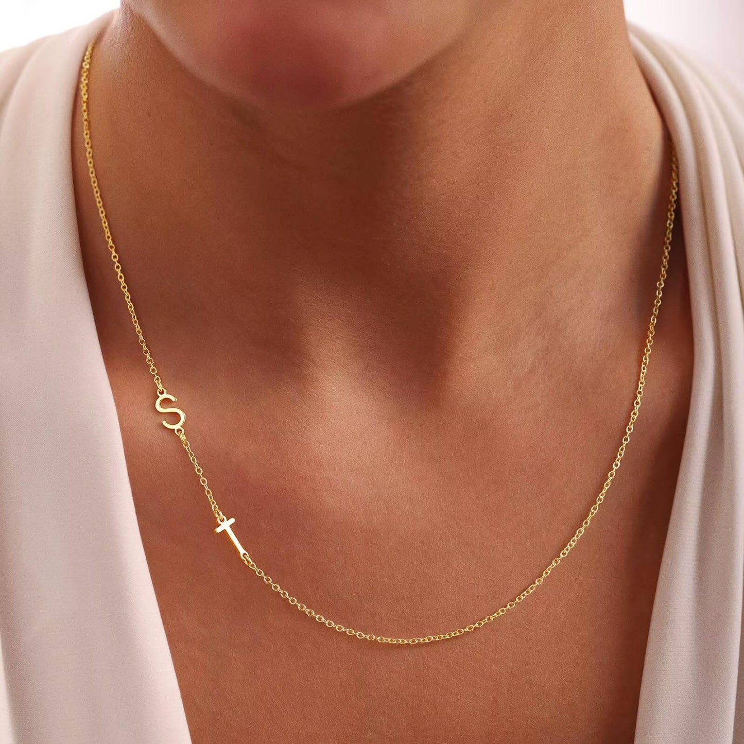 M MOOHAM Double Initial Necklaces for Women - Simple 14K Gold Plated Letter B Gold Initial E Sideways Necklace Jewelry Birthday Gifts for Women Wife Mom