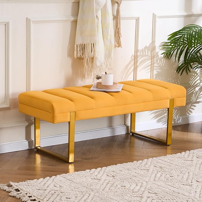 AIITTCC Velvet Ottoman Bedroom Bench, 46.5" Tufted Padded End of Bed Bench with Gold Legs, Upholstered Shoe Bench for Living Room Entryway Window (Mustard Yellow, 46" Wide)
