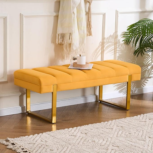 AIITTCC Velvet Ottoman Bedroom Bench, 46.5" Tufted Padded End of Bed Bench with Gold Legs, Upholstered Shoe Bench for Living Room Entryway Window (Mustard Yellow, 46" Wide)
