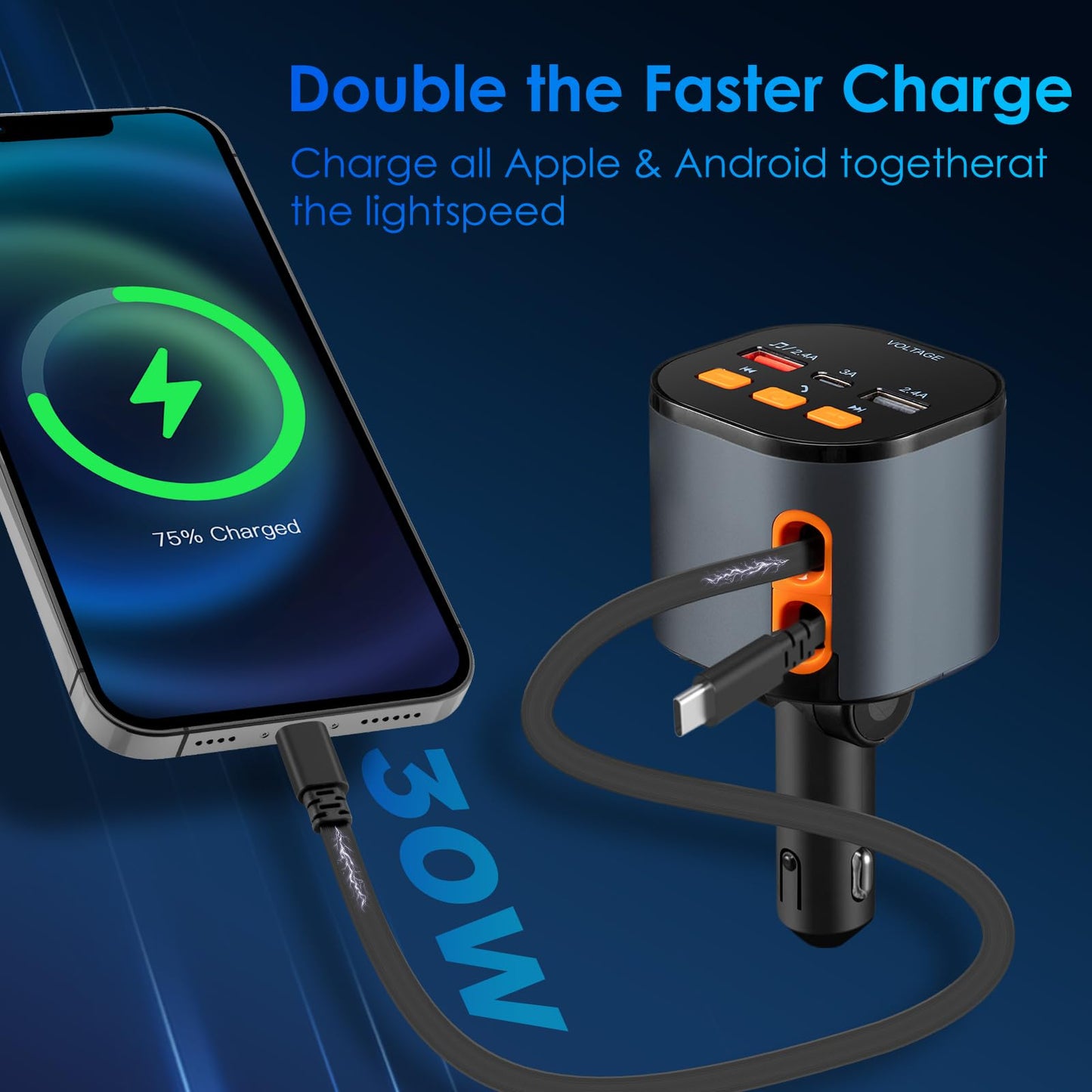 Retractable Car Charger,5 in 1 Fast Car Phone Charger 90W,Bluetooth 5.3 FM Transmitter Adapter,Handsfree Call,2 Retractable Cables and USB Cars Chargers for iPhone 15/14/13 (Black)