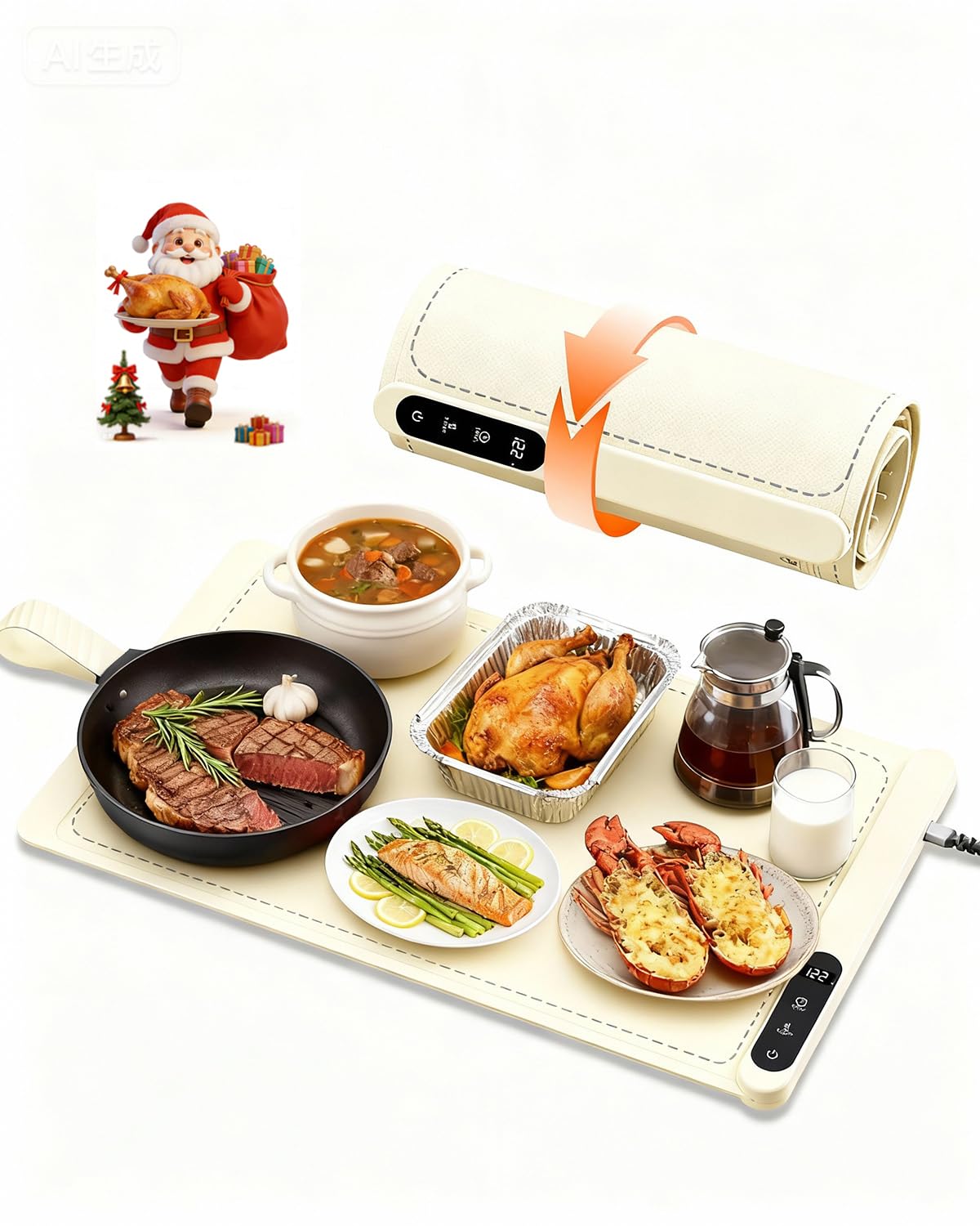 Food Warming Mat for Buffet,5s Full Surface Heating,Electric Warming Tray with 3m Power Cord,Roll Up Warming mat for Food,6 Level Adjustable TEM&6H Timer,Auto-Off (Beige, 23.6"×14.5"×0.47")