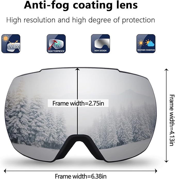 OULAIQI OTG Ski Goggles UV400 Anti-Fog Snowboard Glasses for Men Women Youth- Perfect for Skiing, Snowboarding,Winter Sports