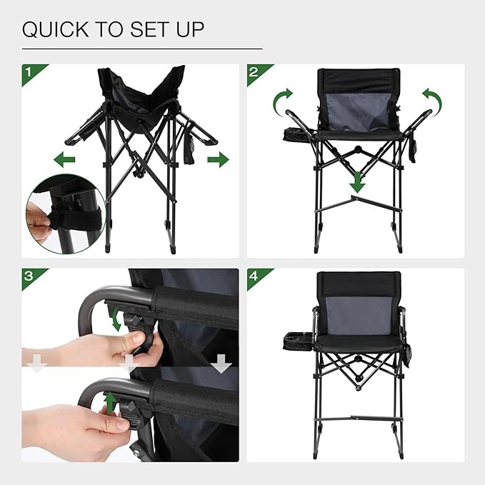 Stonehomy Portable 29" Seat Height Tall Folding Camping Chair High Foldable Directors Chair Bar Height Stool with Side Table and Storage Bag for Makeup Artist, Lawn,Craft Show,Supports 350LBS Black