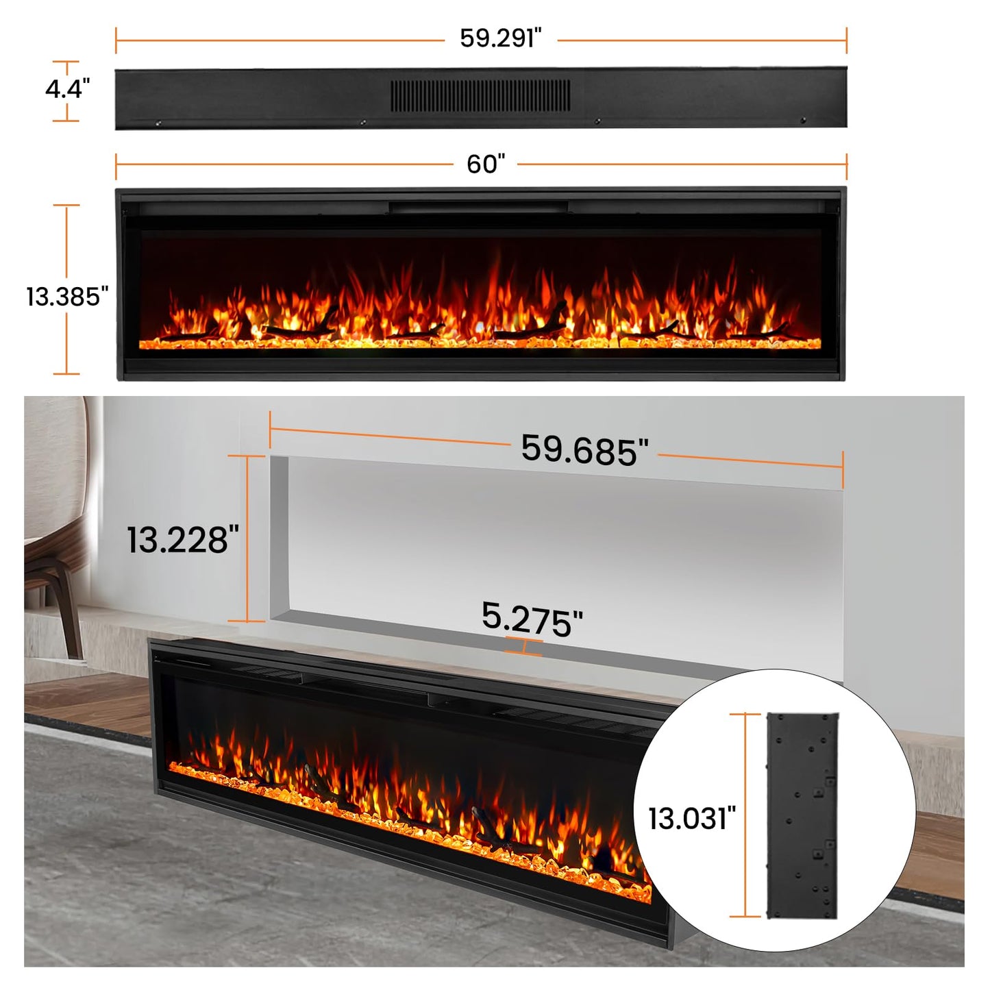TUAN Electric Fireplace Inserts, Ultra Thin Wall Mounted Fireplace with Remote Control, Multicolor Realistic Flame, Touch Screen, Thermostat, Timer, 750w/1500w (Log & Crystal Included) (60 inch)