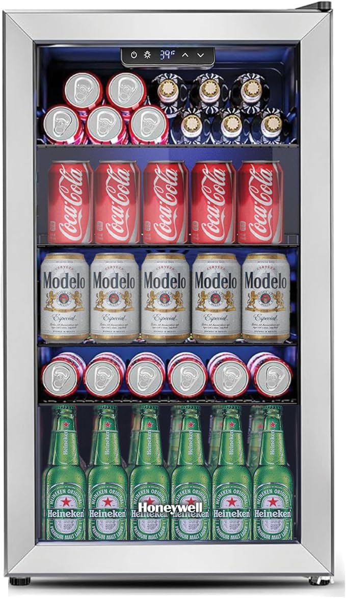 Honeywell Beverage Refrigerator and Cooler, 116 Can Mini Fridge with Glass Door for Soda Beer or Wine for Office or Bar wi...