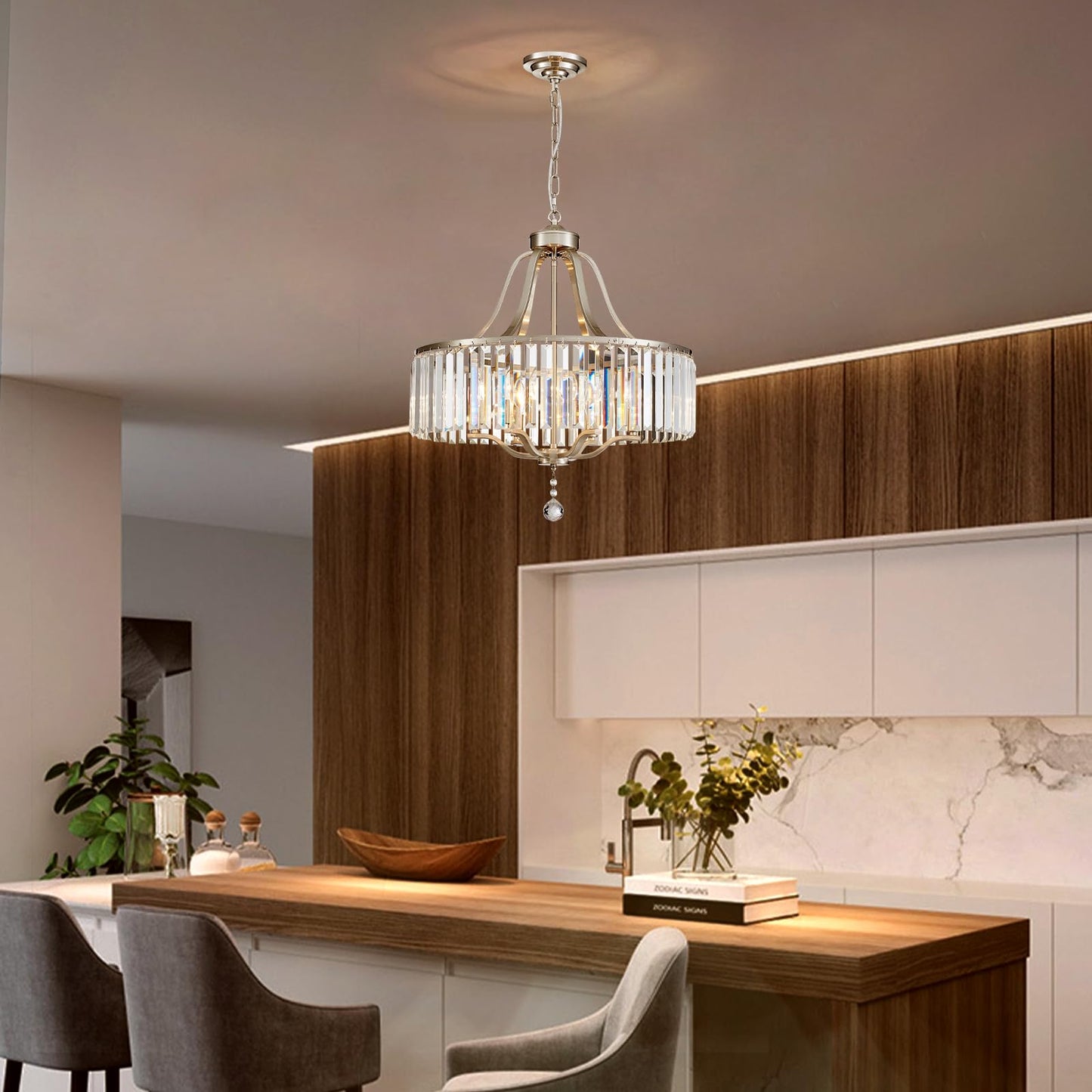 peskoe Modern Crystal Chandeliers Round 6-Light Large Brushed Nickel Pendant Lighting Fixture for Dining Room Living Room Kitchen Island Bedroom Hallway 21.7" Adjustable Height Hanging Lamp
