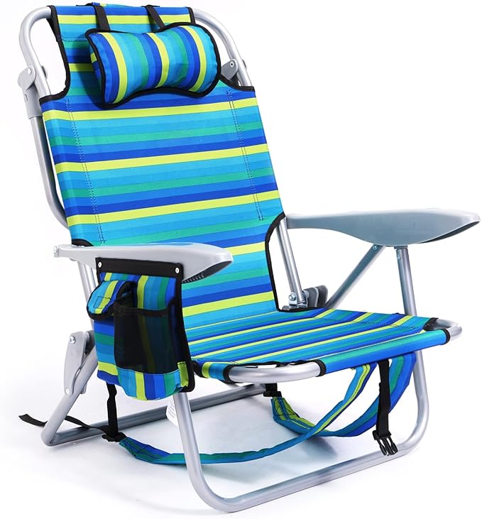 Canpsky Portable Beach Chair for Adults, Outdoor Camping Chair Lay Flat Folding Backpack Beach Reclining Chair with 5 Positions, Headrest, Cup Holder, Heavy Ocean Striped