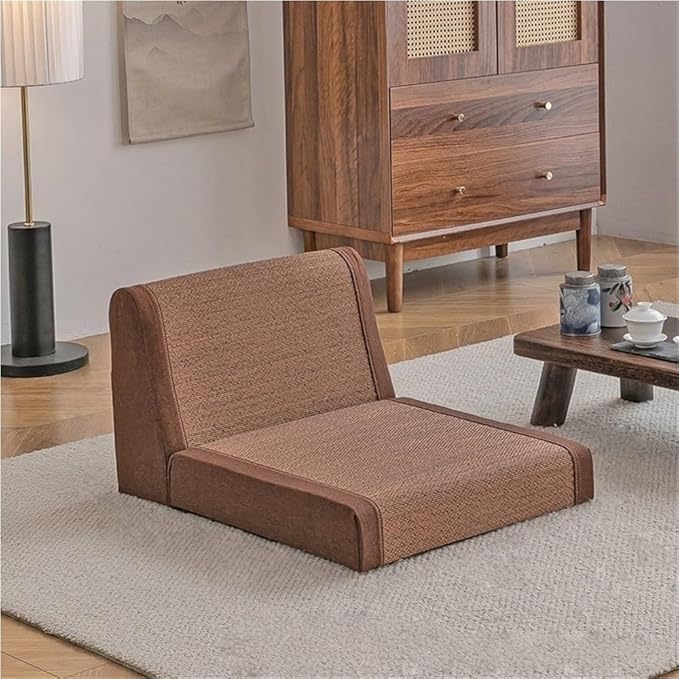 Vintage Floor Chair, Low Meditation Chair with Padded Backrest, Comfortable Ergonomic Lounge Seat, Bamboo Silk Legless Reading Chair for Balcony, Bay Window, Living Room & Bedroom(Brown,51*40*35cm)