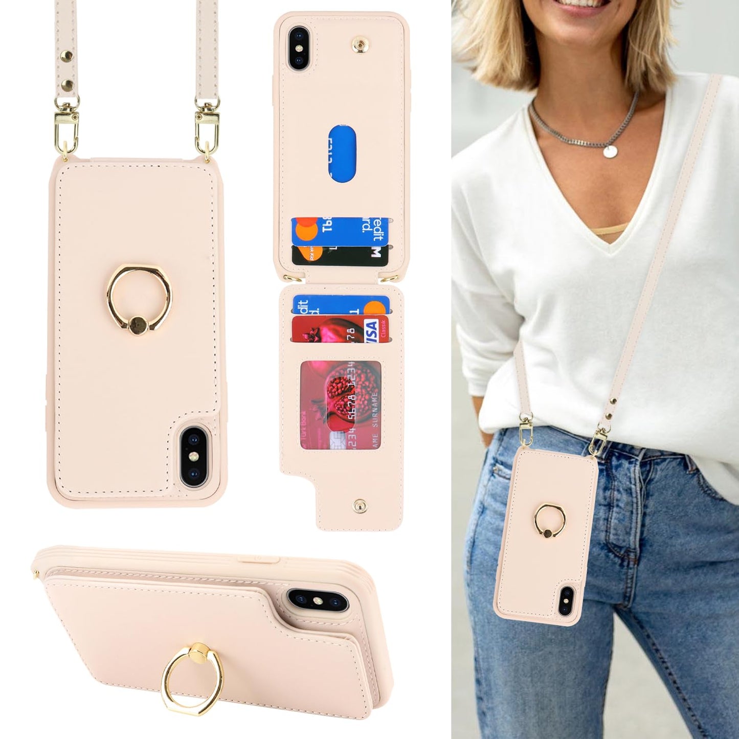 Lipvina For Iphone X/Xs Phone Case With Card Holder And Strap For Women,Crossbody Lanyard,Kickstand Ring Stand,Snap Clasp,Phone