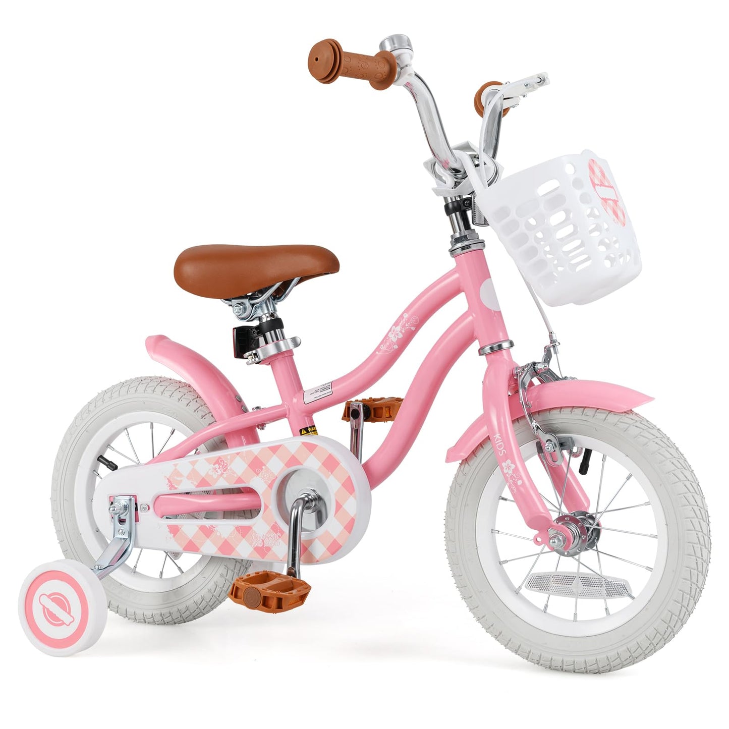 BABY JOY Kids Bike, 12 Inch Boys Girls Bike w/Adjustable Seat, Basket, Handbrake Coaster Brake, Training Wheels or Kickstand, Kids Bicycle with Multi-Color (Rose Red)