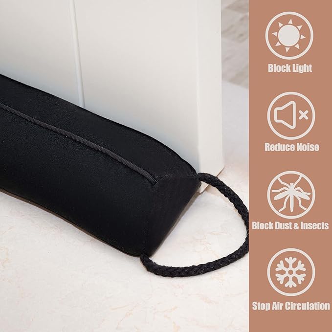 Marwood Under Door Draft Stopper 38 inch Wind Stopper for Door & Window, Removable and Washable Weighted French Air Draft Stopper Triangle Noise Blocker for Bottom of Door with Hanging Loops - Black