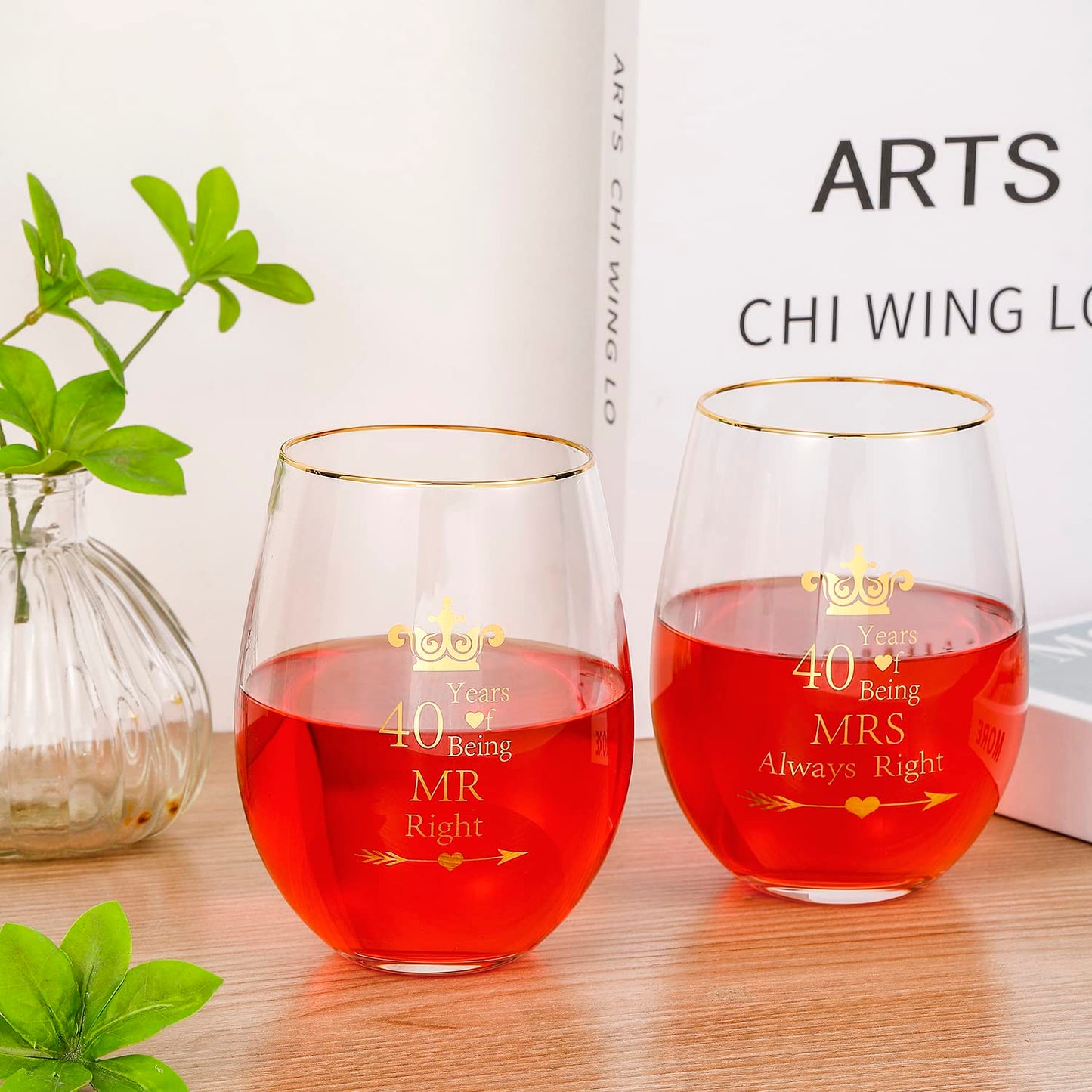 HLIKEM Pack of 2 Wine Glass Mr Right Mrs Always Right 40th Wedding Engagement Anniversary Cups for Couples Parents Tumbler 40 Years Anniversary Present Wine tumbler Cups