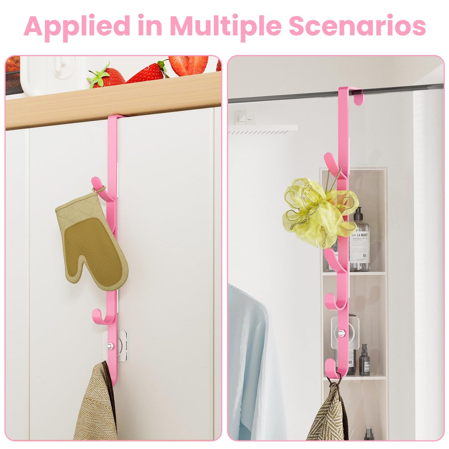 Over The Door Hooks, Metal Door Hooks for Hanging, Over The Door Purse Organizer for Door Coat Hanger, Back of Shower for Hanging Towel Rack Clothes, Hat, Bathroom, Closet (Pink-2Packs)