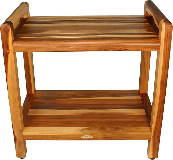 EcoDecors Eleganto 22" H Seat / 24" H Total Extended Height Teak Shower Bench | Supports up to 250 lbs, Safe and Stable Seating | Waterproof Wood Stool for Bathroom | Built-in Shelf