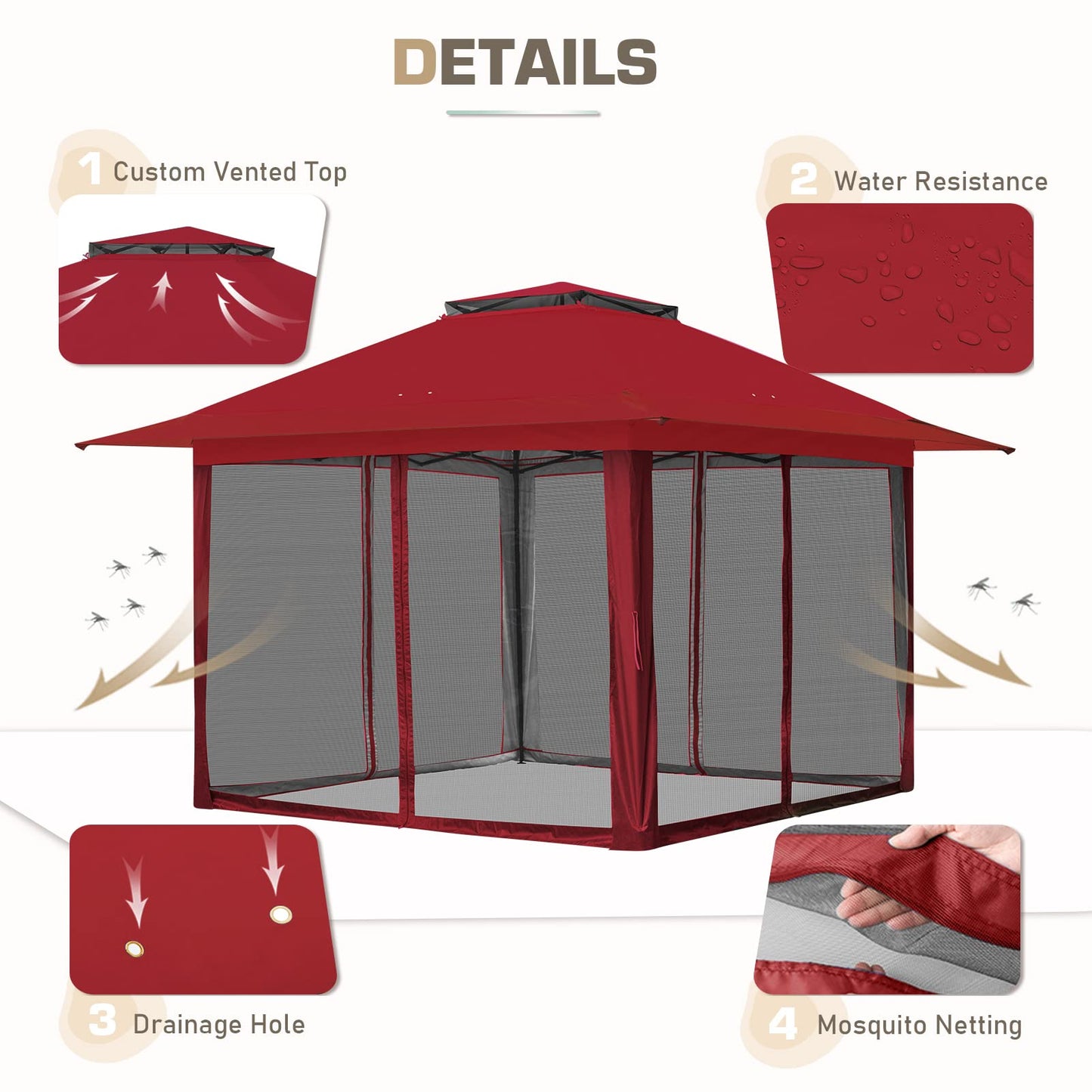 EAGLE PEAK 13x13 Pop Up Gazebo with Mesh Netting, Easy Up Screened Canopy for Patio and Backyard, Easy Set up Outdoor Gazebo (Red)