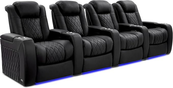 Valencia Tuscany Home Theater Seating Semi-Aniline Italian Nappa 20000 Leather Ultimate Luxury Heat & Ventilation Power Recliner Power Lumbar and Headrest (Row of 4, Onyx)