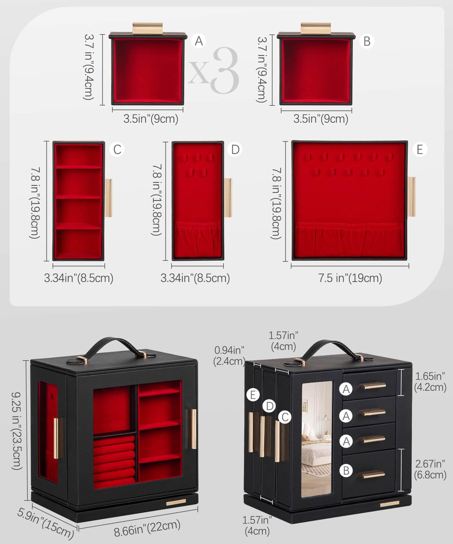 Homde Jewelry Box 360° Rotating, Necklace Earring Organizer with Transparent Window, Mirror, 7 Drawers, Large Ring Display Storage Case for Girls Women (Black + Red)