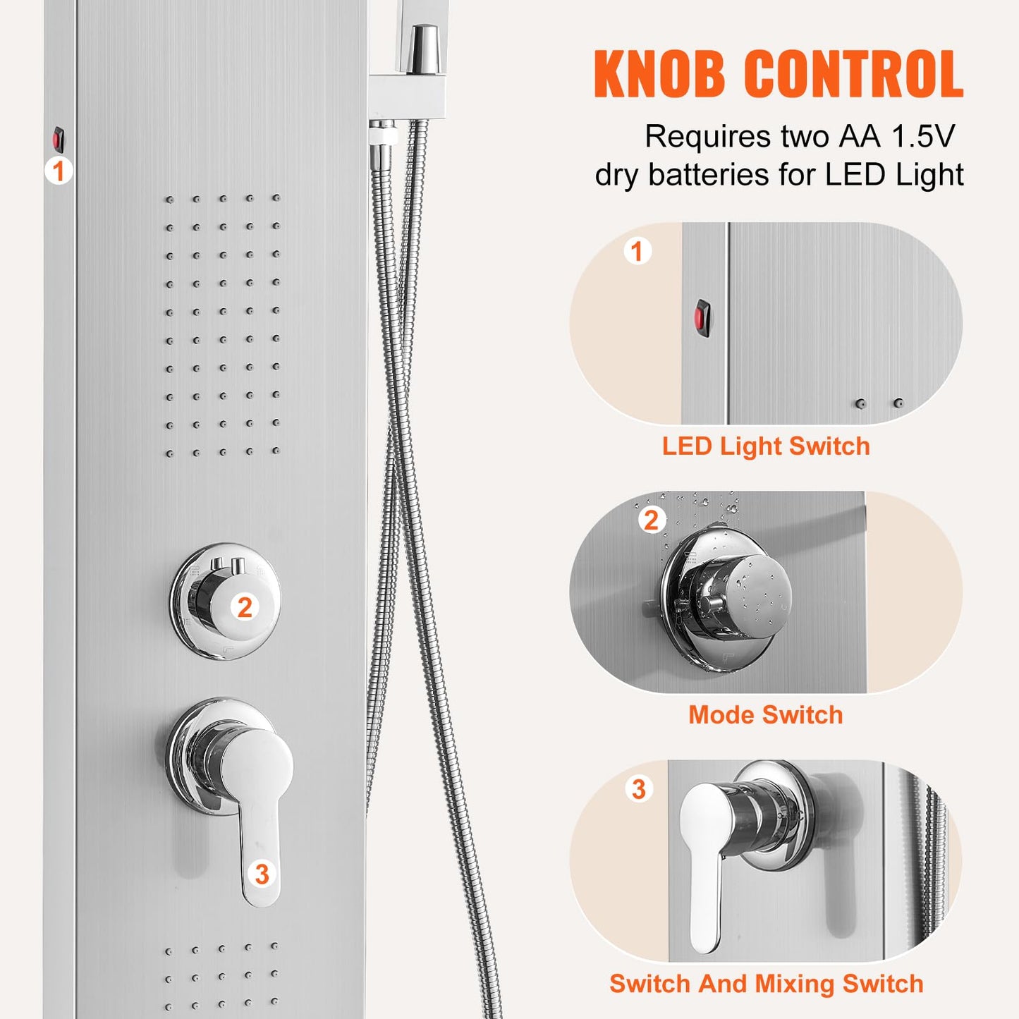VEVOR Shower Panel System, 5 Shower Modes, LED Shower Panel Tower, Rainfall, Waterfall, 2 Body Massage Jets, Tub Spout, Handheld Shower Head with 59" Hose, Stainless Steel Wall-Mounted Shower Set
