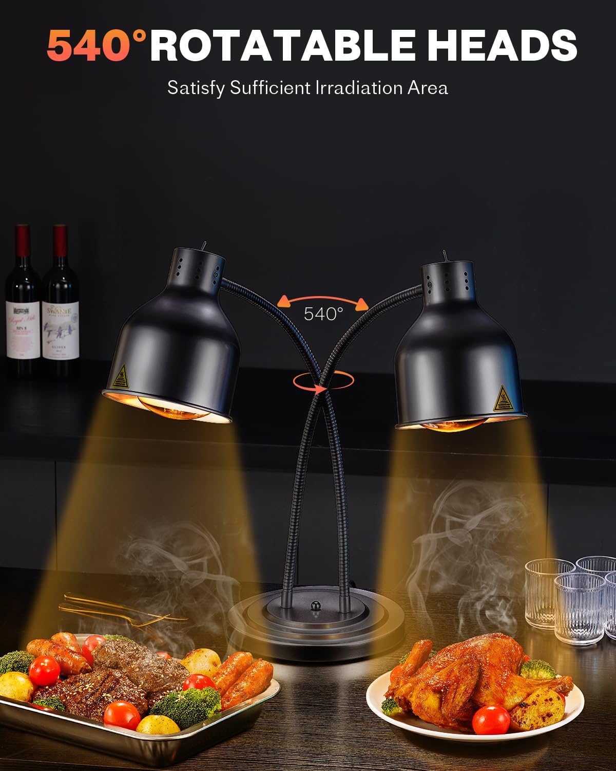 RVGMBO Food Heat Lamp - [3 Bulbs Included] [Rapid-Heating], 500W Commercial Food Warmer Light, Heat Lamp for Food, Catering Warming Lamp for Buffet Parties, Painted Black