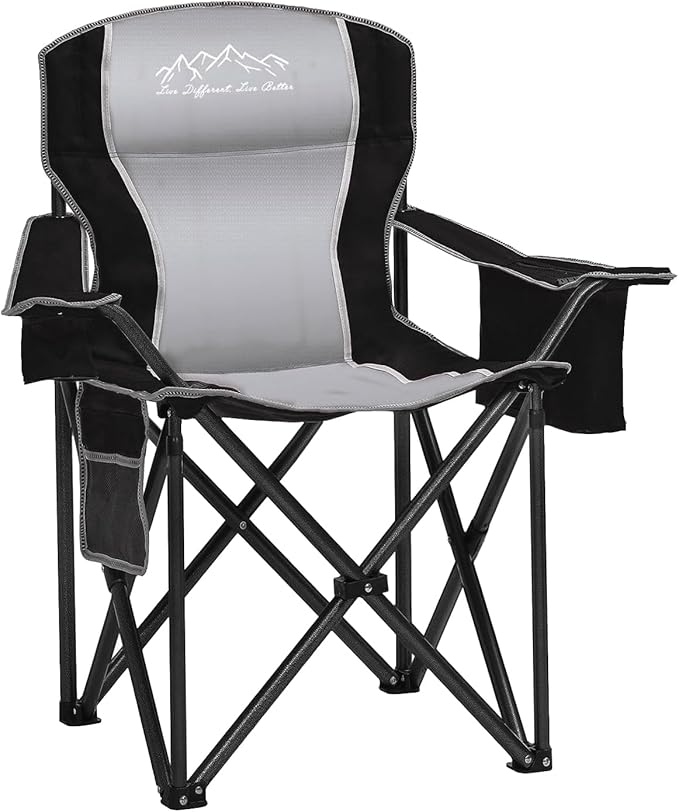 SAILARY Camping Chair Heavy Duty High Back Folding Chair with Cup Holder, 450lbs Capacity, Padded Seat, Cooler Bag & Storage Pocket, Portable for Outdoor, Beach, Fishing, Sports, Black
