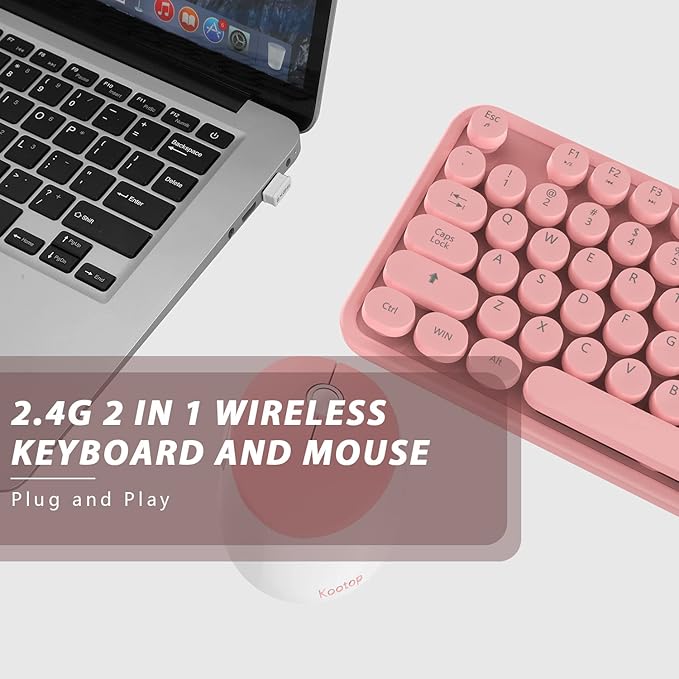 Kootop Wireless Keyboard and Mouse Combo, Cute Colorful 104 Keys Typewriter Retro Round Keycaps Keyboard for PC Laptop,Desktop,Windows, Home and Office Keyboards(Pink White)