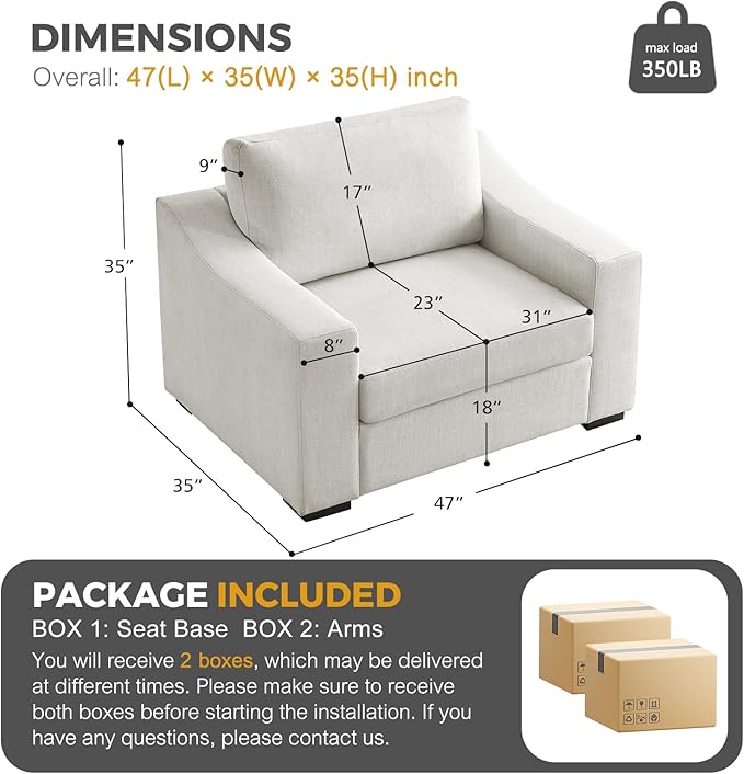 ELUCHANG 47" Oversized Accent Chair, Linen Fabric Modern Lounge Chair with Deep Seat, Washable Cover, Comfy Upholstered Large Sofa Armchair Reading Chair for Living Room, Bedroom, Office, Ivory