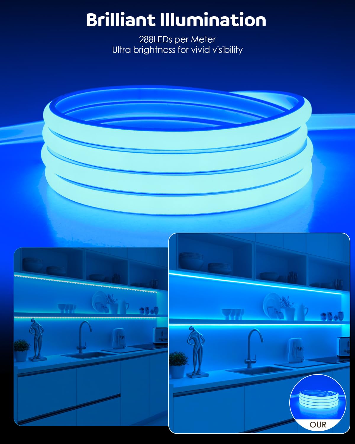 Aclorol COB LED Strip Light 110V 16.4ft/5M Blue LED Strip Lights Outdoor Waterproof IP67 Flexible Rope Lights 288LEDs/M Uniform Glow for Bedroom Hallway Garden Yard Party Christmas Decorations