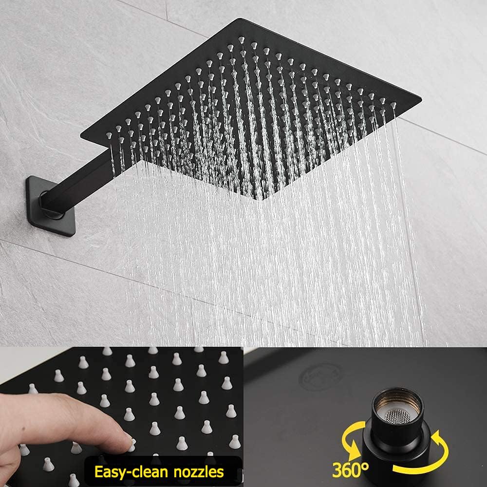 JingGang Matte Black Shower System 12 Inch Bathroom Luxury Rain Mixer Shower Combo Set Wall Mounted Rainfall Shower Head and Handheld System Shower Faucet Set Rough-in Valve Body and Trim Kit