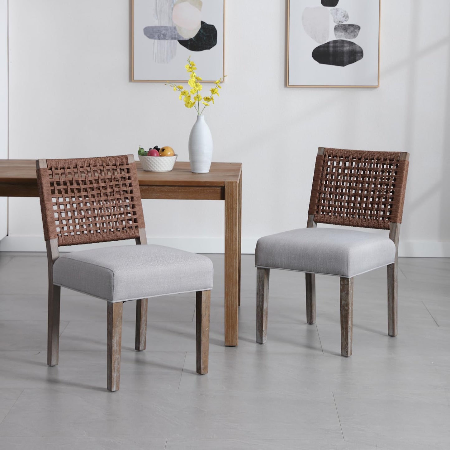LZAREAL Farmhouse Dining Chairs Set of 2 Linen Fabric Upholstered Accent Side Chair, Mid Century Modern Kitchen & Dining Room Chairs with Woven Rope Back for Home, Living Room, Bedroom - Grey
