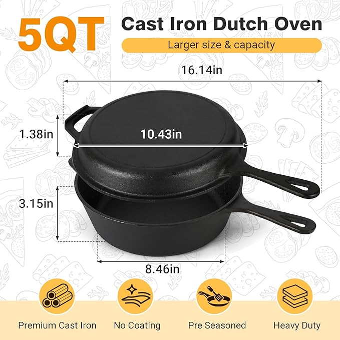 5 Qt Cast Iron Dutch Oven with Skillet Lid, 2-in-1 Sourdough Dutch Oven, Dutch Pot with Bread Baking Supplies
