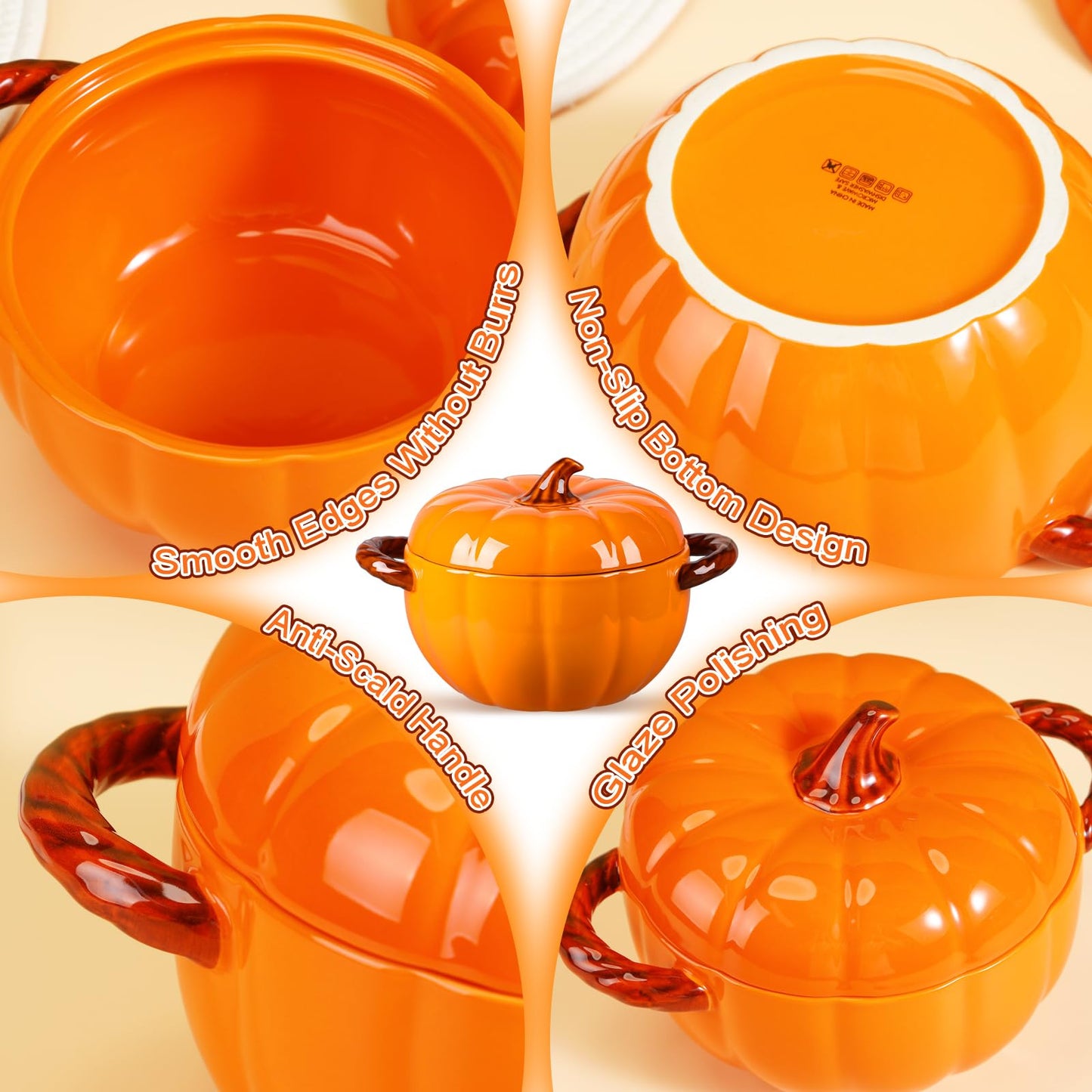 Maxdot Set of 5 Ceramic Pumpkin Bowls with Lid and Handles Pumpkin Shape Soup Serving Pot Storage Jar for Fall Thanksgiving Halloween Party Kitchen Dessert Decoration 17Oz & 54Oz (Orange)