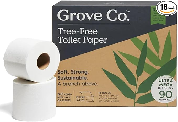 Grove Co. Bamboo Toilet Paper Tree Free & Septic Safe Bath Tissue, Ultra Soft, Durable, & Absorbent 3 Ply Sheets (1 Roll = 44.4 sq ft) Bulk Toilet Paper (Pack of 18 Rolls)