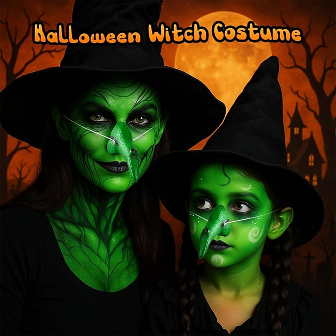 Halloween Green Witch Makeup Kit,1.01oz Water Based Green Face Body Paint+Witch Fake Nose+Black Eye black+Sponge,Elphaba Cosplay Costume for Kids & Adults,Safe Face Painting SFX Makeup Kit