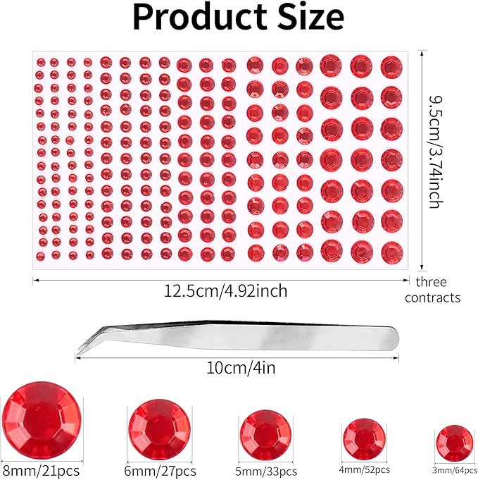 591pcs Face Gems Hair Gems Pearls, Self-Adhesive Face Jewels Eye Rhinestones 3/4/5/6/8 mm Face Gem Stick on, Halloween Makeup Gems Rave Accessories for Face Eyes Body Makeup (15.red)