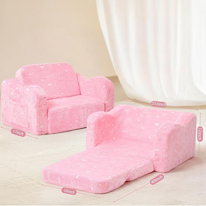MeMoreCool Glow‑in‑The‑Dark Unicorn Toddler Chair – Soft Plush Fold‑Out Recliner | Kids Lounge Chair for Boys & Girls Aged 1‑3, Convertible 2‑in‑1 Seating & Napping Spot, Easy‑Fold Safe Construction