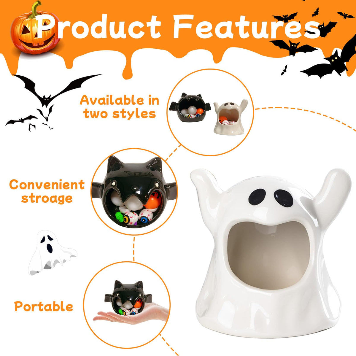 Jremreo 2 Pack Halloween Candy Bowls, 4 Inch Ceramic Ghost and 6.3 Inch Bat Holders, Trick or Treat Dish Candle Holder for Tiered Tray, Ornament Tableware Centerpieces, Gifts and Party Decorations