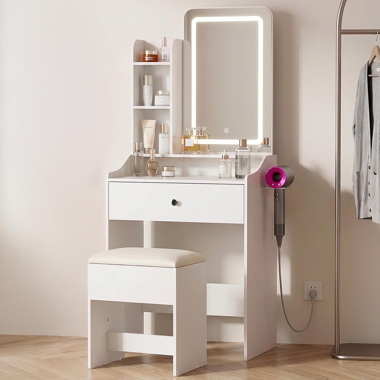 HAPPYMONT Small Vanity Desk with Charging Hub and Hair-Dryer Holder, Make up Mirror and Light Stepless Dimmable, Bedroom Dressing Table for Makeup, White