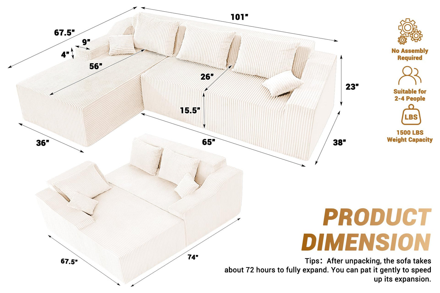 HABUTWAY 101'' Modular Sectional Sofa Cloud Couch with Deep Seat, Modern L-Shaped Convertible Couches Upholstered Couch with Chaise for Living Room Bedroom(Beige, Left-Facing Chaise)