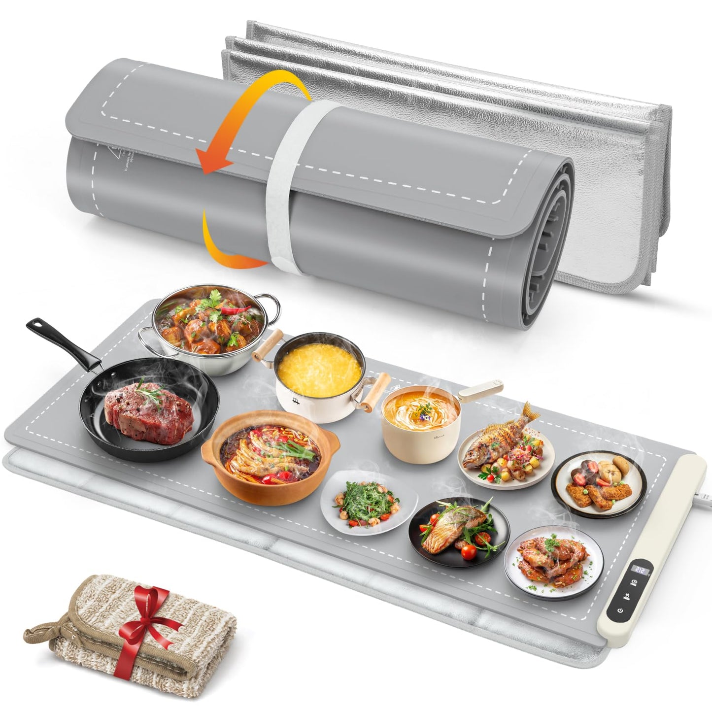FYY Extra Large Warming Mat for Food with Heat Resistant Pad, Prevent Countertop Cracks, Keep Meal Warm, Rapid and Full Surface Heating, 6 Temp Settings, 6H Timer, Rollable Portable Food Warmer, Grey