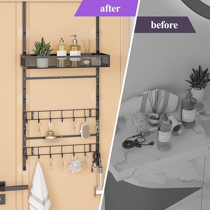 bukfen Adjustable Over the Door Hooks Organizer,Multi-Purpose Storage Organizer Over the Door Organizer with Shelf and Hooks,Hanging Door & Wall Mounted Coat Storage Rack for Bedroom,Bathroom,Kitchen