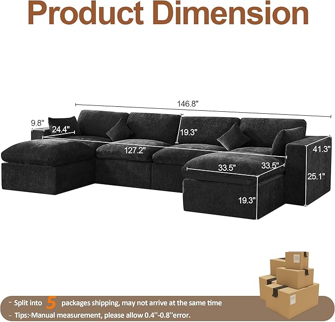 155''Cloud Boneless Modular Couch, Oversized Sectional Sofa Deep Seat with 2 Ottomans, Modern Upholstered Convertible U Shape Couch Comfy 6 Seater Chenille Sofa Couches for Living Room, Dark