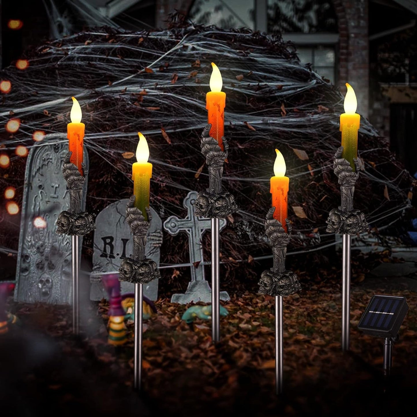 ILLUMINEW Halloween Decorations Outdoor, 5 Pack Solar Pathway Lights, LED Skull Hand Candle Holder, Outdoor Party Home Garden Porch Decor