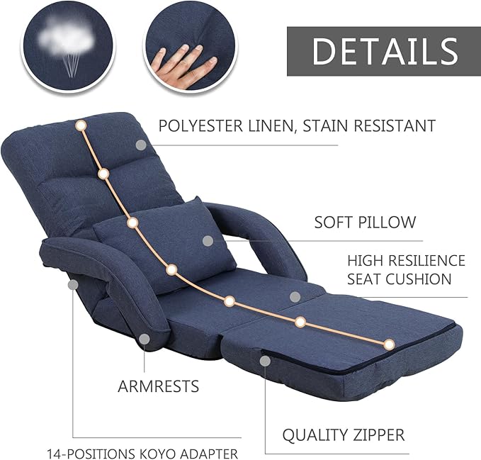 DeeLyan Indoor Floor Chair with Armrest and Pillow Folding Chaise Lounge Sofa 14-Position Adjustable Comfy Gaming Recliner Chair Padded Seats for Adults (Blue)