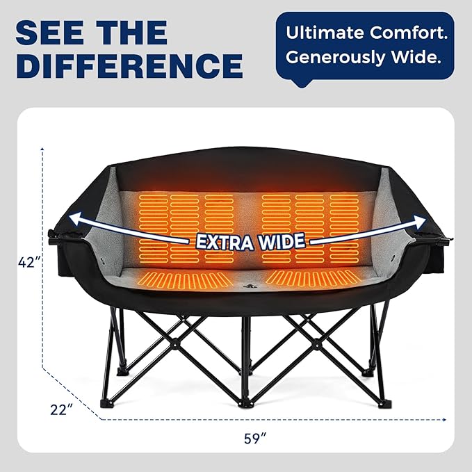 apollo walker Heated Double Camping Chair - Extra Wide Heavy Duty 600lbs Camping Couch with Adjustable Heating, Dual Cup Holder & Carry Bag, Loveseat Camping Chair for Outdoor, Lawn, Park