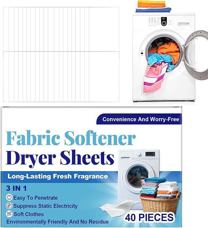 Fabric Softener Dryer Sheets, Scented & Refreshing, 1box/40 Pieces, Static Cling and Wrĭnkle Reducer Gentle Fabric Care, Clothes Softening Dryer Sheets, Versatile Use, for Clothes, Towels, Bedding