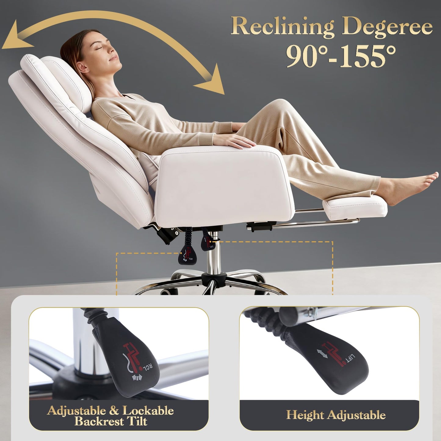 forveolux High Back Executive Office Chair with Footrest, Reclining PU Leather, Lumbar Support, Criss Cross Style, 155° Recline (Beige)